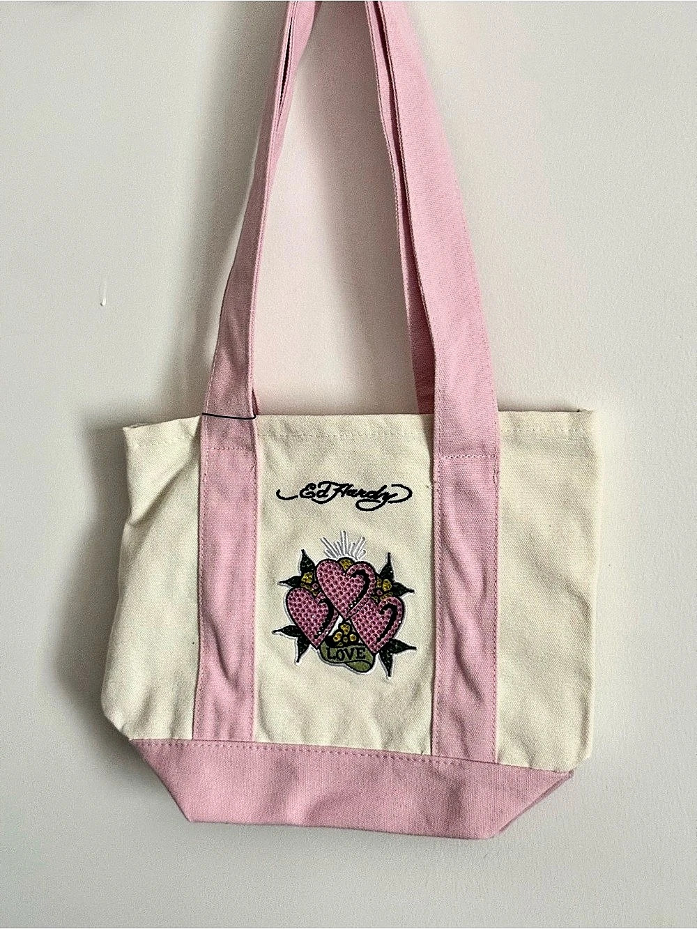 Ed Hardy Pink Canvas Love Heart Rhinestone Tote Bag